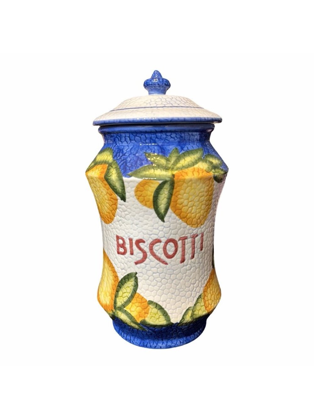 Nonni's Handmade Painted Fruit Lemon Yellow Blue Biscotti Cookie Jar Tuscan